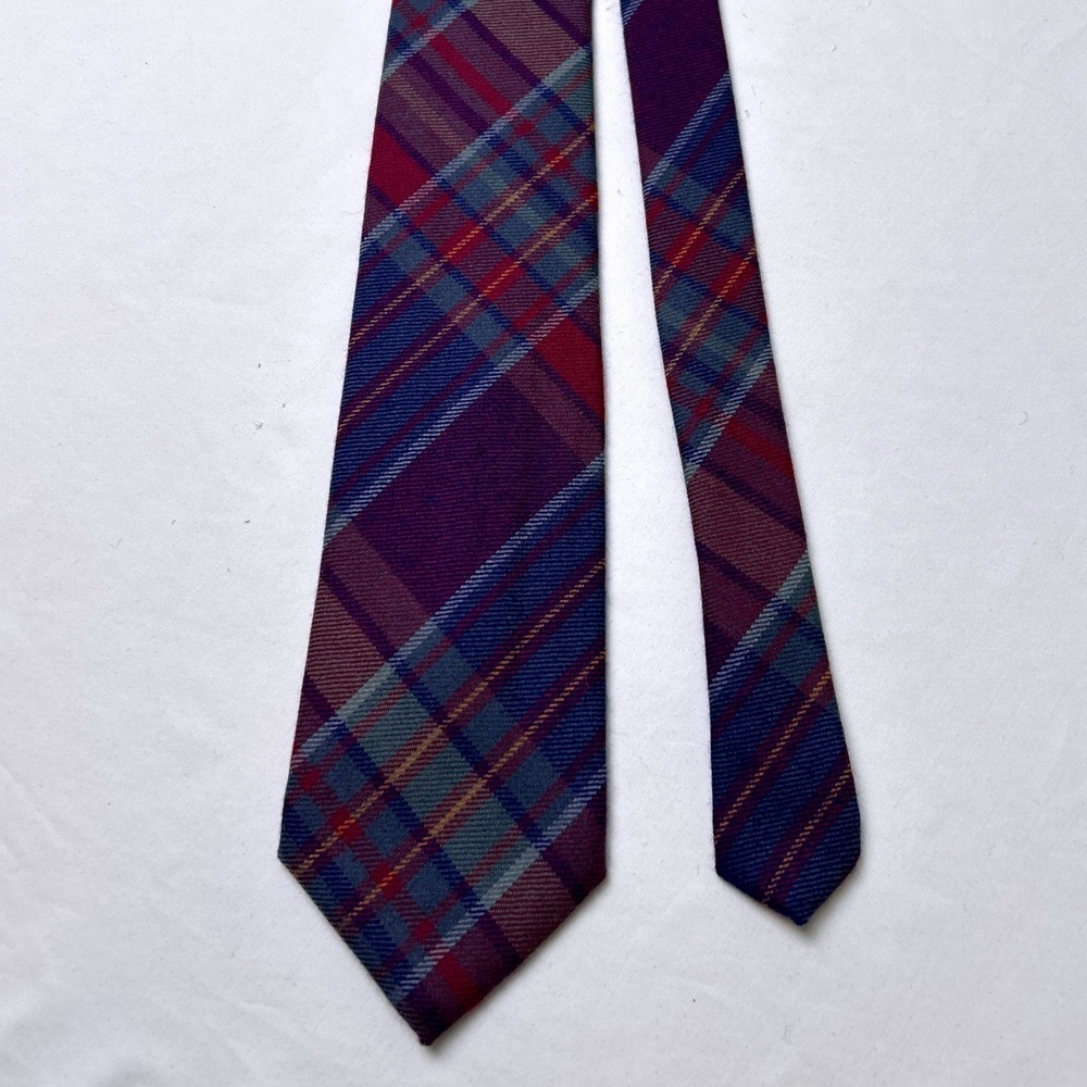 Kenneth Gordon Vintage Mens Saxony Wool Plaid Hand Sewn Necktie Burgundy Blue